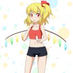  1girl :d alternate_costume bare_shoulders black_shorts blonde_hair cato_(monocatienus) collarbone commentary_request cowboy_shot crop_top eyebrows_visible_through_hair finger_to_mouth flandre_scarlet food hair_ribbon ice_cream long_hair looking_at_viewer midriff navel open_mouth popsicle red_eyes red_shirt ribbon shirt short_shorts shorts side_ponytail smile solo tank_top touhou wings 