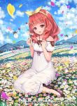  blush bow butterfly celica_(fire_emblem) child collarbone commentary_request company_connection copyright_name day dress field fire_emblem fire_emblem_cipher fire_emblem_echoes:_mou_hitori_no_eiyuuou flower hair_bow holding jewelry long_hair necklace official_art open_mouth outdoors petals red_eyes redhead short_sleeves sitting smile solo sparkle 
