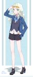  1girl absurdres artist_name belt blonde_hair blue_eyes blush diana_cavendish full_body glasses glasses_on_head high_heels highres holding holding_glasses little_witch_academia long_hair looking_at_viewer saikou-iro_aurora shorts smile solo 
