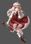  1girl boots bow braid dress hair_bow hand_to_own_mouth highres kneehighs long_hair open_mouth original red_dress red_eyes ribbon silver_hair smile solo sword weapon white_legwear wind wind_lift 