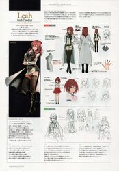  1girl absurdres bangs belt black_legwear blue_eyes boots breasts character_name character_sheet child concept_art cravat crossed_arms earrings fingernails full_body garter_straps god_eater god_eater_2:_rage_burst highres jewelry knee_boots large_breasts leah_claudius lineart long_coat long_hair long_sleeves looking_at_viewer medium_breasts miniskirt mole mole_under_eye multiple_views official_art redhead scan simple_background skirt smile standing thigh-highs turnaround zettai_ryouiki 