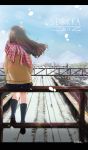  1girl 2015 absurdres artist_name black_legwear brown_hair from_behind highres inika kneehighs letterboxed long_hair original railroad_tracks red_scarf scarf scenery sitting snow snowing solo train_station 