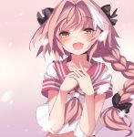  1boy armadillon blush braid cherry_blossoms fang fate/grand_order fate_(series) hair_ribbon highres long_hair male_focus midriff open_mouth pink_hair ribbon rider_of_black single_braid smile solo trap 