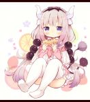  1girl bangs beads black_hairband blue_eyes blunt_bangs capelet coco_(hinatacoco) crepe dragon_horns food frilled_capelet full_body gradient_hair hair_beads hair_ornament hairband holding holding_food horns kanna_kamui kobayashi-san_chi_no_maidragon lavender_hair letterboxed long_hair looking_at_viewer low_twintails multicolored_hair silver_hair sitting solo tail thigh-highs thighs twintails very_long_hair white_legwear 