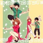  ... 1boy 1girl blush boku_no_hero_academia brown_hair china_dress chinese_clothes dress freckles full_body green_hair highleg hk_(nt) midoriya_izuku pants pose text uraraka_ochako 