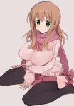  10s 1girl blush breasts brown_hair cardigan green_eyes large_breasts long_hair matsumi_yuu mittens pantyhose ribbon saki saki_achiga-hen scarf shisoneri skirt 