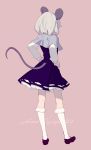  1girl animal_ears black_dress black_shoes capelet dress from_behind full_body grey_hair kneehighs long_sleeves mouse_ears mouse_tail nazrin pink_background shoes simple_background solo standing tail touhou white_legwear yamamomo_(plank) 