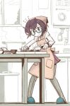  1girl apron blue_eyes commentary_request cooking food glasses grey_legwear indoors kantai_collection knife long_sleeves nattou okinami_(kantai_collection) pantyhose partially_colored purple_hair shuuzen_(shu-zen) slippers smile solo 