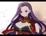  1girl breasts cape capelet cleavage earrings fire_emblem fire_emblem_echoes:_mou_hitori_no_eiyuuou gloves jewelry large_breasts long_hair purple_hair red_eyes shira_yu_ki solo sonia_(fire_emblem_gaiden) tiara upper_body 