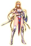  1girl armor armored_boots bangs bikini_armor blonde_hair blue_eyes boots braid breasts cleavage front_braid full_body gauntlets hairband holding holding_sword holding_weapon large_breasts leina long_hair looking_at_viewer official_art pelvic_curtain queen&#039;s_blade queen&#039;s_blade_unlimited shield solo standing sword transparent_background twin_braids weapon 
