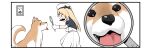  1girl blonde_hair blue_eyes blue_sailor_collar commentary_request dog dress fake_facial_hair fake_mustache gloves hat highres jervis_(kancolle) kantai_collection long_hair magnifying_glass sailor_collar sailor_dress sailor_hat shiba_inu simple_background solo takasugi_heppu white_background white_dress white_gloves white_headwear 