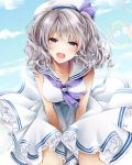  1girl akatsuki_hijiri arms_between_legs bare_shoulders blue_eyes blush breasts cleavage collarbone dress hat kantai_collection kashima_(kantai_collection) long_hair medium_breasts open_mouth outdoors sailor_collar silver_hair sky solo twintails wavy_hair white_dress white_hat wind wind_lift 
