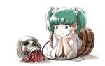  1girl :&gt; antennae bangs blunt_bangs blush_stickers bucket green_eyes green_hair hair_bobbles hair_ornament head_rest hermit_crab in_bucket in_container kisume looking_at_another lying meitei on_stomach skull smile touhou twintails white_background white_clothes wide_sleeves wooden_bucket 