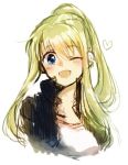  1girl ;) bangs blonde_hair blue_eyes blush earrings eyebrows_visible_through_hair fullmetal_alchemist heart jacket jewelry long_hair lowres one_eye_closed open_mouth ponytail shirt simple_background smile solo tsukuda0310 white_background white_shirt winry_rockbell 