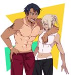  2boys arm_around_neck black_hair blonde_hair blue_eyes braid con_potata green_eyes groin jean-jacques_leroy male_focus multiple_boys muscle open_mouth ponytail shirtless smile tan tanline tattoo yuri!!!_on_ice yuri_plisetsky 