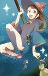  1girl boots broom broom_riding brown_hair hat highres kagari_atsuko little_witch_academia long_hair open_mouth witch witch_hat 