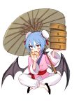  &gt;:o 1girl :o alternate_costume alternate_hairstyle bamboo_steamer bat_wings blue_hair blush bun_cover double_bun eating eyebrows_visible_through_hair fangs fkey food food_on_face hair_between_eyes highres legs_crossed looking_at_viewer nail_polish oriental_umbrella pants red_eyes red_nails remilia_scarlet ribbon sanpaku sash short_hair simple_background sitting sketch solo touhou umbrella white_background wings 