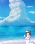  beach brown_eyes brown_hair clouds dress food highres kantai_collection nuno_(pppompon) ocean popsicle ryuujou_(kantai_collection) sandals sundress twintails visor_cap white_dress 