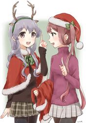  2girls :d animal_ears antlers artist_name asagumo_(kantai_collection) blush bow bowtie brown_hair cowboy_shot grey_eyes grey_hair hair_bow hair_rings hat highres kantai_collection long_hair long_sleeves multiple_girls nuno_(pppompon) open_mouth pantyhose plaid plaid_skirt pleated_skirt pointing reindeer_antlers reindeer_ears santa_costume santa_hat shawl simple_background skirt smile sweater turtleneck turtleneck_sweater twintails yamagumo_(kantai_collection) 