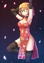  1girl ;p armpits blonde_hair blush breasts cherry_blossoms china_dress chinese_clothes cleavage cleavage_cutout commentary dress elbow_gloves eyebrows_visible_through_hair gloves gradient gradient_background hair_between_eyes hair_ribbon hand_up highres isshiki_iroha kazenokaze looking_at_viewer medium_breasts no_panties one_eye_closed one_leg_raised revision ribbon short_hair sleeveless thigh-highs tongue tongue_out v yahari_ore_no_seishun_lovecome_wa_machigatteiru. yellow_eyes 