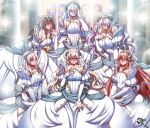  6+girls aqua_(fire_emblem_if) black_hair blue_hair blush breasts bridal_veil camilla_(fire_emblem_if) cleavage dress female_my_unit_(fire_emblem:_kakusei) female_my_unit_(fire_emblem_if) finger_to_mouth fire_emblem fire_emblem:_kakusei fire_emblem_if hand_on_own_chest harem jadenkaiba looking_at_viewer multiple_girls my_unit_(fire_emblem:_kakusei) my_unit_(fire_emblem_if) purple_hair redhead silver_hair sparkle stained_glass tharja cordelia_(fire_emblem) tiara veil wedding_dress window 