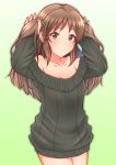  1girl absurdres arms_up bare_shoulders black_sweater blush bow breasts brown_eyes brown_hair collarbone commentary_request gradient gradient_background green_background hair_bow highres holding holding_hair idolmaster idolmaster_cinderella_girls keffiy long_hair looking_at_viewer off_shoulder ribbed_sweater sidelocks small_breasts smile solo sweater tachibana_arisu thighs twintails 