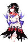  1girl absurdres black_hair blue_bow bow bracelet directional_arrow dress hand_on_own_chest highres horns jewelry kijin_seija looking_at_viewer multicolored_hair puffy_short_sleeves puffy_sleeves red_eyes redhead sash sheya short_sleeves smile streaked_hair touhou white_hair 