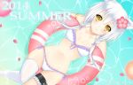  1girl 2014 animal_ears blush breasts cat_ears eyebrows_visible_through_hair flower hair_flower hair_ornament highres innertube looking_at_viewer lying navel on_back original parted_lips short_hair small_breasts smile solo summer swimsuit thigh-highs white_hair white_legwear yellow_eyes 