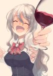  1girl ^_^ ^o^ alcohol black_corset bow bowtie closed_eyes corset grey_hair highres holding kantai_collection long_hair long_sleeves masukuza_j no_hat no_headwear open_mouth pola_(kantai_collection) red_bow red_bowtie shirt simple_background smile solo wavy_hair white_shirt wine yellow_background 