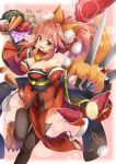  1girl absurdres animal_ears bell bell_collar breasts cleavage collar detached_sleeves egg fangs fate/grand_order fate_(series) food fox_ears fox_tail hair_ribbon highres japanese_clothes kanna_(chaos966) large_breasts long_hair looking_at_viewer meat open_mouth paws pink_hair revision ribbon solo tail tamamo_(fate)_(all) tamamo_cat_(fate) vegetable yellow_eyes 