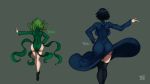  2girls artist_name ass backboob black_legwear blue_hair breasts character_name from_behind fubuki_(one-punch_man) full_body green_hair grey_background highres hips huge_ass medium_breasts multiple_girls no_panties one-punch_man pointing short_hair siblings simple_background sisters tatsumaki the_golden_smurf thigh-highs thighs white_background 