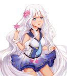  1girl bare_shoulders blue_eyes blue_necktie blush breasts cleavage eyebrows_visible_through_hair flower hair_flower hair_ornament highres holding holding_flower long_hair looking_at_viewer medium_breasts necktie open_mouth smile solo south_dakota_(zhan_jian_shao_nyu) standing teeth very_long_hair white_hair xing_muhen zhan_jian_shao_nyu 