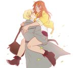  1boy 1girl alphonse_elric bag blonde_hair blue_eyes blush boots carrying closed_eyes coat embarrassed eyebrows_visible_through_hair fullmetal_alchemist fullmetal_alchemist:_milos_no_seinaru_hoshi hetero jacket julia_crichton leaf long_hair looking_at_another orange_hair shirt short_hair simple_background skirt smile white_background white_shirt yellow_jacket 