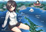  3girls ahoge aircraft arm_support black_hair blue_eyes blush breasts city giantess grey_eyes grin hair_between_eyes hair_flaps hammer_and_sickle hat hayasui_(kantai_collection) hibiki_(kantai_collection) highres ichikawa_feesu islands jacket kantai_collection kneehighs lighthouse long_hair long_sleeves map medium_breasts mikuma_(kantai_collection) multiple_girls ocean panties partially_submerged red_shirt school_uniform shiny shiny_hair shirt short_hair silver_hair sitting smile twintails underwear v verniy_(kantai_collection) volcano wariza watercraft white_jacket white_panties wind_turbine windmill 