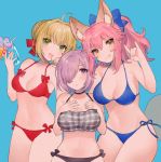  3girls :d :o :q ahoge animal_ears bangs bikini black_bikini black_choker blue_background blue_bikini blue_bow bow bow_bikini braid breasts choker cleavage commentary_request cowboy_shot eyebrows_visible_through_hair fate/extra fate/extra_ccc fate/grand_order fate_(series) fox_ears fox_tail french_braid groin hair_bow hair_bun hair_intakes hair_over_one_eye hair_ribbon hands_on_own_chest hands_up holding large_breasts looking_at_viewer mash_kyrielight medium_breasts midriff miyako_(xxxbibit) multiple_girls navel nero_claudius_(bride)_(fate) nero_claudius_(fate) nero_claudius_(fate)_(all) open_mouth pink_hair ponytail purple_hair red_bikini red_bow red_ribbon ribbon short_hair side-tie_bikini sidelocks simple_background smile stomach strap_gap string_bikini swimsuit tail tamamo_(fate)_(all) tamamo_no_mae_(fate) tamamo_no_mae_(swimsuit_lancer)_(fate) tongue tongue_out violet_eyes 