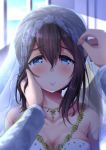  0141zucker 1girl black_hair blue_eyes blush breasts bridal_veil cleavage dress hairband hand_on_another&#039;s_face idolmaster idolmaster_cinderella_girls jewelry long_hair looking_at_viewer necklace pov sagisawa_fumika smile solo solo_focus tears veil wedding_dress 