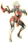  1girl armor armored_boots bangs bikini_armor black_legwear boots breasts cleavage dagger dark_skin echidna full_body holding holding_sword holding_weapon large_breasts long_hair looking_at_viewer navel official_art parted_lips pointy_ears ponytail queen&#039;s_blade queen&#039;s_blade_unlimited red_eyes smile solo sword thigh-highs thigh_strap transparent_background weapon white_hair 