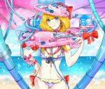  1girl blonde_hair blue_eyes blush bow breasts controller eyebrows_visible_through_hair game_console game_controller hand_on_hip heart highres joystick long_hair looking_at_viewer medium_breasts navel ochiai_maharu original red_bow smile super_nintendo 