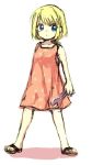  1girl blonde_hair blue_eyes child dress eyebrows_visible_through_hair fullmetal_alchemist pink_dress sandals short_hair simple_background solo tsukuda0310 white_background winry_rockbell wrench 