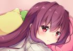  1girl andrew_(fanlp3) blush fate/grand_order fate_(series) long_hair looking_at_viewer pillow purple_hair red_eyes scathach_(fate/grand_order) solo 