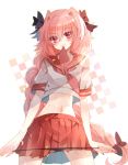  1boy baocaizi black_bow bow braid fate/apocrypha fate_(series) hair_bow highres looking_at_viewer midriff mouth_hold navel panties panty_pull pink_eyes pink_hair pleated_skirt rider_of_black school_uniform skirt solo trap underwear 