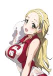  1girl blonde_hair breasts girls_und_panzer green_eyes hairband impossible_clothes impossible_shirt inue_shinsuke large_breasts long_hair looking_at_viewer open_mouth ponytail sasaki_akebi shirt simple_background smile solo sportswear sweat sweat_stain sweating sweaty towel volleyball_uniform wet wet_clothes white_background 
