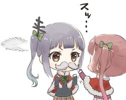  2girls asagumo_(kantai_collection) blush bow bowtie brown_eyes fake_mustache grey_hair hair_bow hair_rings kantai_collection kasumi_(kantai_collection) long_hair long_sleeves mast multiple_girls nuno_(pppompon) plaid plaid_skirt pleated_skirt santa_costume shawl side_ponytail skirt very_long_hair 