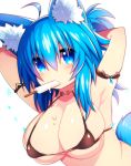  1girl animal_ears arms_up blue_eyes blue_hair blush breasts cleavage collarbone eyebrows_visible_through_hair food large_breasts looking_at_viewer mofuaki original popsicle short_hair solo tail upper_body 