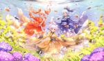  3girls black_eyes blue_eyes blue_hair blush breasts brown_eyes bubble catbell eyebrows_visible_through_hair fish flower highres hydrangea large_breasts long_hair looking_at_viewer multiple_girls open_mouth original pink_hair short_hair silver_hair smile twintails underwater 