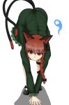  1girl :3 all_fours animal_ears ass bangs bent_over black_bow black_shoes bow braid cat_ears cat_tail closed_mouth commentary_request dress epic_armageddon foreshortening frilled_dress frilled_sleeves frills full_body ghost green_dress hair_bow hair_over_shoulder highres kaenbyou_rin long_hair long_sleeves looking_at_viewer multiple_tails red_eyes redhead shadow shiny shiny_hair shoes simple_background single_braid skull smug solo standing tail touhou twin_braids two_tails uneven_eyes v_arms white_background 