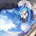  1girl bangs black_legwear blue_eyes blue_hair blue_ribbon blue_skirt blue_sky blush brick_floor clouds day from_above full_body hair_ribbon hakusai_(tiahszld) hatsune_miku loafers long_hair looking_at_viewer looking_up outdoors pleated_skirt puddle rainbow reflecting_pool reflection ribbon school_uniform serafuku shoes short_sleeves skirt sky smile socks solo squatting twintails umbrella very_long_hair vocaloid 
