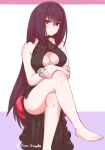  1girl absurdres bare_shoulders barefoot blush breasts brown_hair cleavage collarbone disco_brando eyebrows_visible_through_hair fate/grand_order fate_(series) highres large_breasts legs_crossed long_hair looking_at_viewer red_eyes scathach_(fate/grand_order) sitting solo twitter_username 