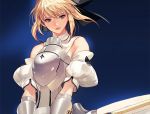  1girl armor bare_shoulders blonde_hair brown_eyes detached_sleeves fate/stay_night fate_(series) hair_ribbon ribbon saber saber_lily solo sword takssmask weapon 