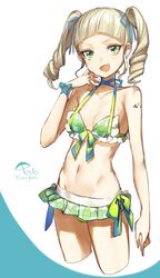  &gt;:d 1girl :d aikatsu! bangs bikini bikini_skirt blonde_hair blue_ribbon breasts character_name cropped_legs drill_hair fang green_bikini green_eyes hair_ribbon hand_up highres hips long_hair looking_at_viewer navel open_mouth plaid plaid_skirt ribbon shoulder_tattoo skirt small_breasts smile solo swimsuit tattoo thighs toudou_yurika twin_drills twintails wattaro 